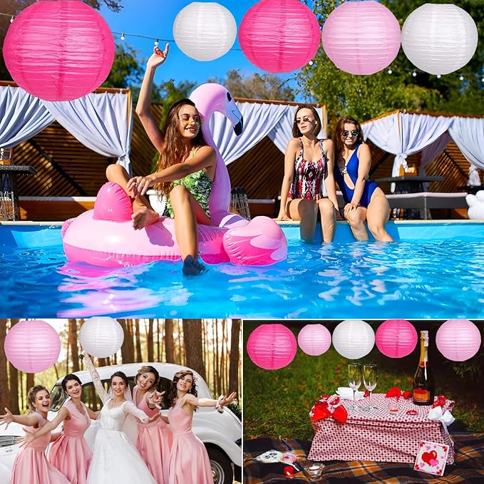 12Pcs Paper Lanterns 6”, 8”, 10”, 12”,Paperlanterns Party Decoration, Pink Paper Lanterns for Wedding, Bridal, Birthday, Outdoor, Home, Garden, Holiday and Party.