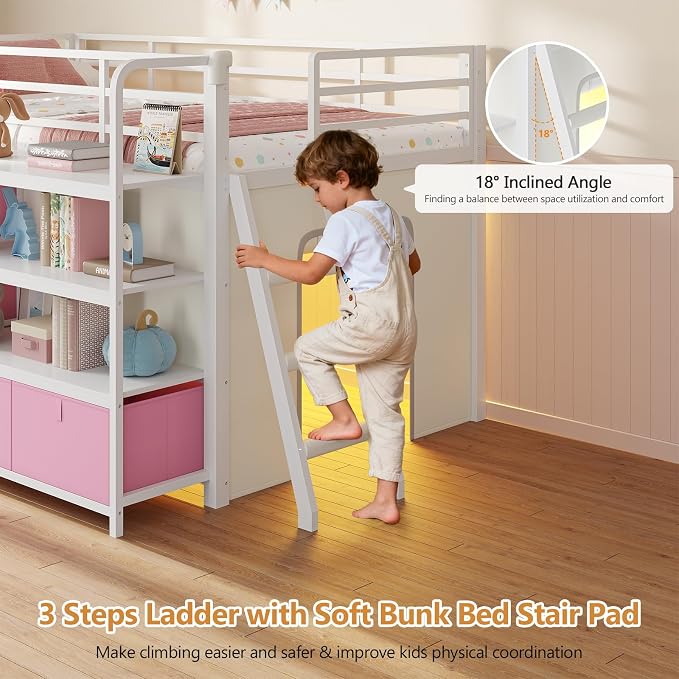 DICTAC Low Loft Bed with Desk and 6 Storage Drawers Twin Loft Bed with Bookshelf,LED Lights & Under-Bed Play Space,Kids Twin Beds with 13.8''H Safety Guardrail,Inclined Ladder&Play Curtain,Pink+White