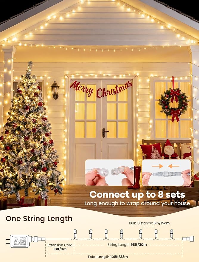 98FT 200 LED Warm White Christmas Fairy Twinkle String Lights Indoor | Remote Control, 8 Modes with Memory, 4 Dimmable Brightness, 3 speed levels, Connectable, IP65 Waterproof, Transparent Wire