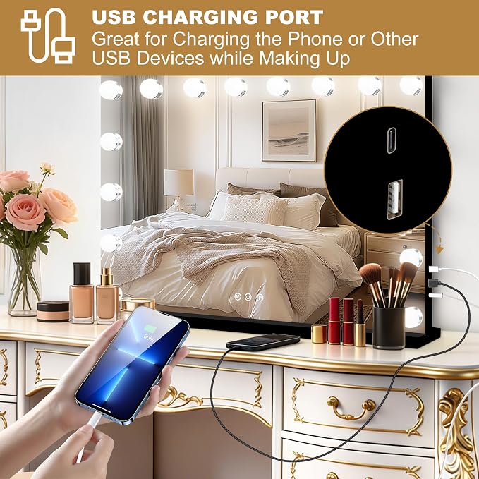Moonee Vanity Mirror with Lights, Black Hollywood Lighted Makeup Mirror with 17 Dimmable Bulbs and 10X Magnification, 3 Colors Modes, Aluminum Metal Frame, Light Up Mirror for Tabletop/Wall（26" x 20"）