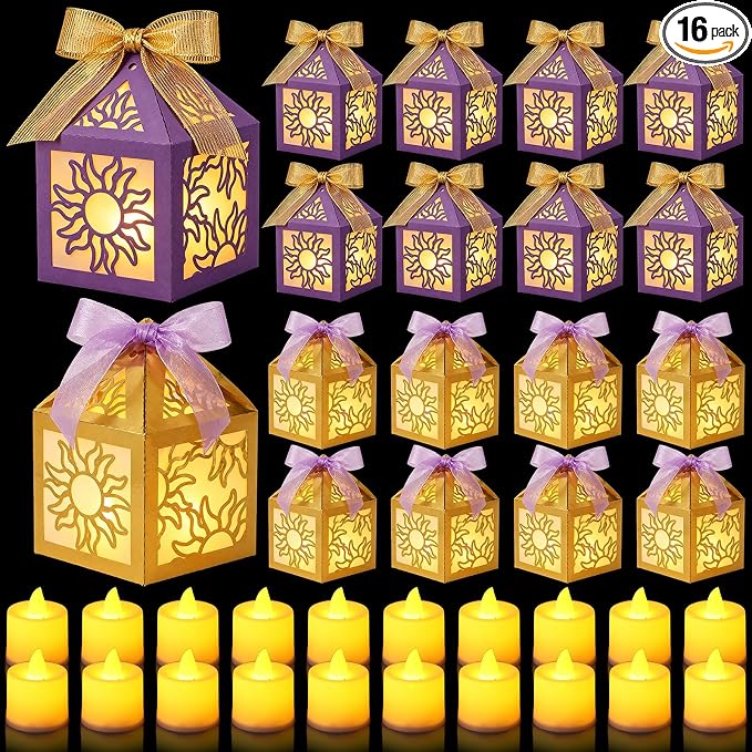 32 Pcs Sun Lantern Centerpieces with LED Candles and Ribbon | Paper Material, Princess Girls Birthday Party Festival Decorations, 16 Lanterns+16 Candles