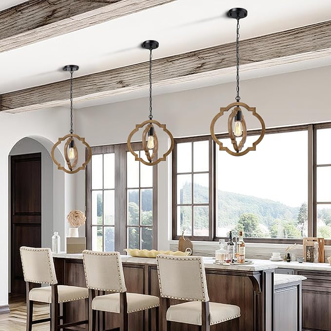 2-Pack Farmhouse Pendant Light Fixtures, Wood Grain Hanging Lights for Kitchen Island, Adjustable Height, E26 Base, Sloped Ceiling Compatible, Rustic Ceiling Light