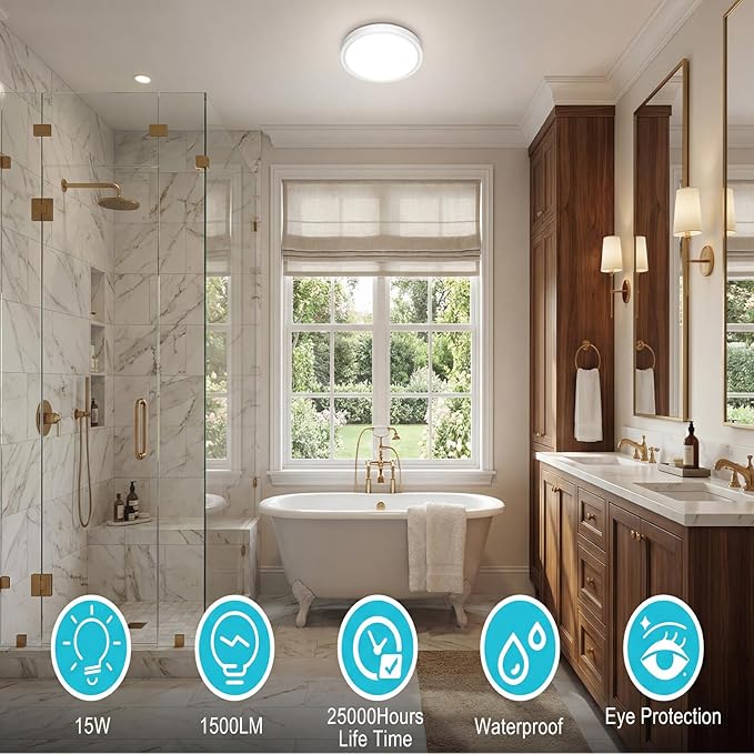 libtit 7 inch Flush Mount LED Ceiling Light Fixture, 3000K-6500K Adjustable, 15W 1500lm White Satin Round Ceiling Lamp for Bathroom Hallway Kitchen Bedroom, 1 Pack