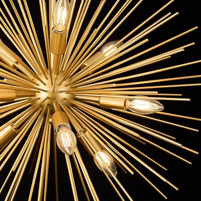 32in Gold Sputnik Chandelier Solid Metal Starburst Chandelier Light Fixture 9-Light Mid-Century Modern Satellite Light Fixture for Living Room Dining Room Foyer Study Room Bathroom,E12