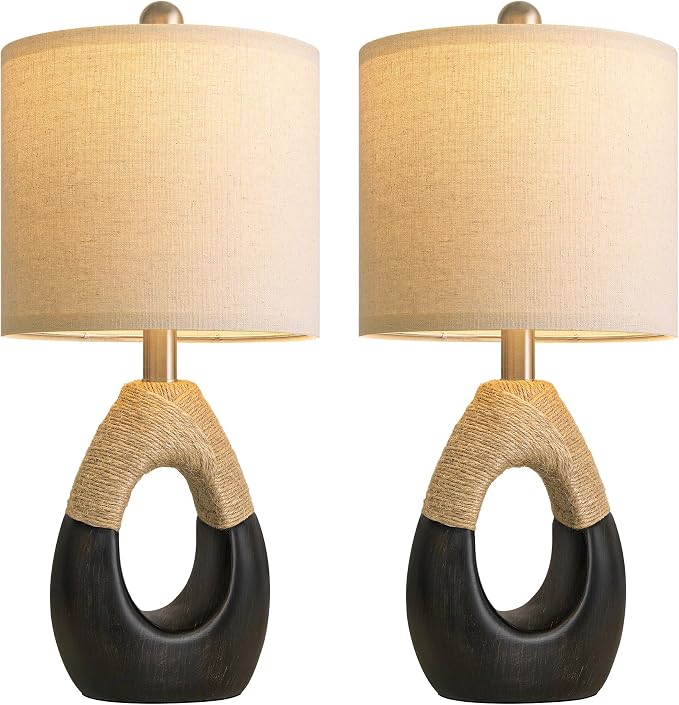 19" Table Lamps Set of 2, Bedside Lamps for Bedroom, Boho Lamps for Living Room, Rustic Lamps for Office, Vintage Design Nightstand Lighting (Bulb Not Included, Black)