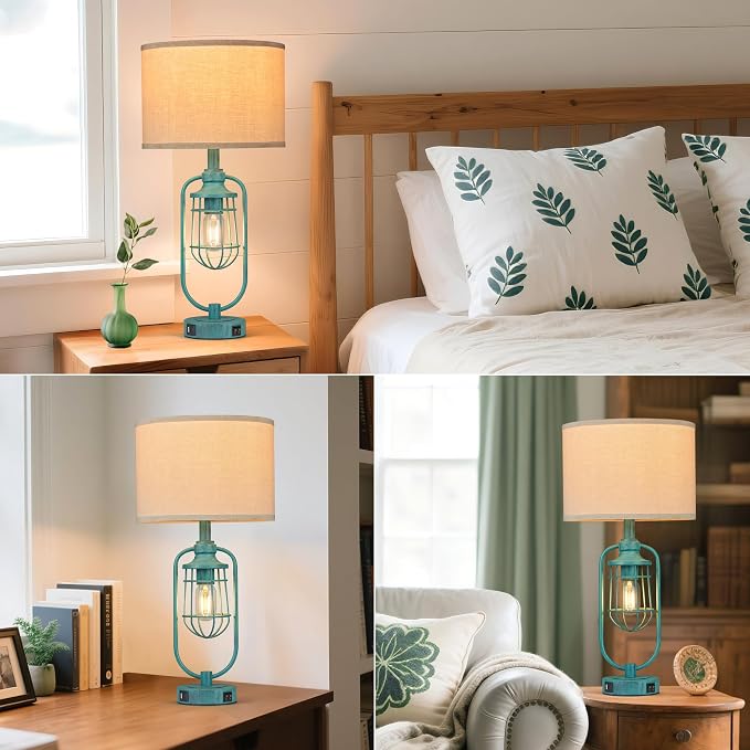 Table Lamps for Living Room End Table Set of 2, Farmhouse Lamps for Night Stands, Industrial Bedside Lamps for Bedroom with USB A+C, Bulbs Included