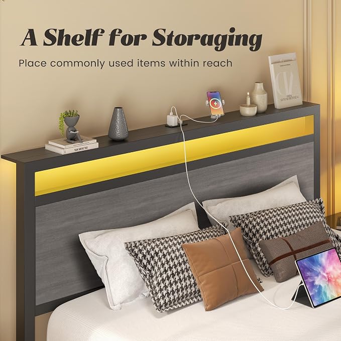 Fluest Full Bed Frame with Headboard & Footboard, Full Bed Frame with Built-in Charging Station & LED Light, Storage Shelf, Noise-Free, No Box Spring Needed, Easy Assembly, Rustic Grey
