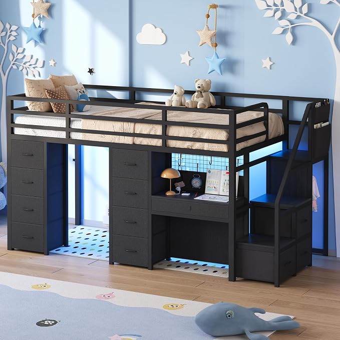 Twin Loft Bed with Desk, 12 Drawers, RGB Lights & Wide Step Stairs, Black | Built-in Power Outlet, Clothes Rack, Pockets, Display Grid, Under Bed Play Fort, 11.8''H Safety Guardrail & Ladder
