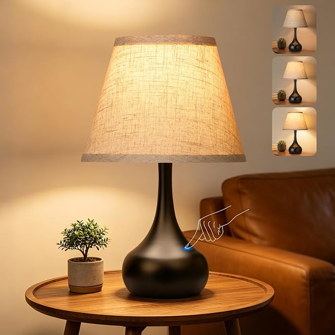 Touch Table Lamp for Bedroom 1Pack, 3-Way Dimmable Bedside Lamp for Nightstand, Farmhouse Metal Desk Lamp with Linen Shade for Living Room, Kids Reading, Dorm, Home Office Decor, Bulb Included