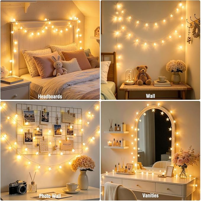JMEXSUSS 50 LED 16.4Ft USB Star String Lights for Bedroom | Star Fairy String Lights, Remote Control, Waterproof, Indoor Use, Tent Loft Bed Classroom Dorm Decor, Warm White