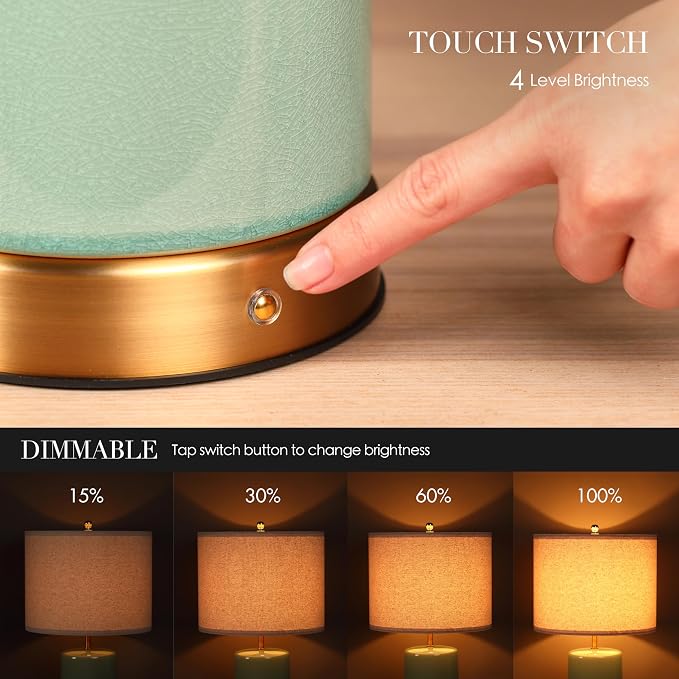 O’Bright Dune - Battery Powered Table Lamp, Rechargeable Cordless Ceramic Lamp, Full-Size 24 Inch Height, 4-Level Dimming, Smart Safety Protection, Type-C Fast Charging, LED Bulb Included, Sage Green