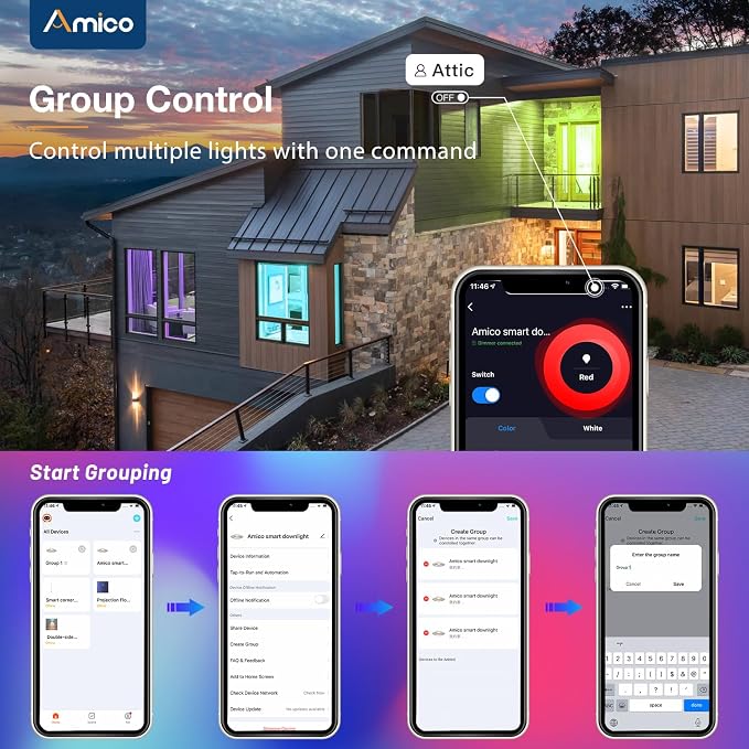 Amico 6 Pack 5/6 Inch Smart WiFi LED Recessed Can Lights, IC & ETL | 12W=110W 1100LM, RGBCW Color Changing Retrofit Recessed Lighting, Baffle Trim, APP Control, Dimmer Compatible
