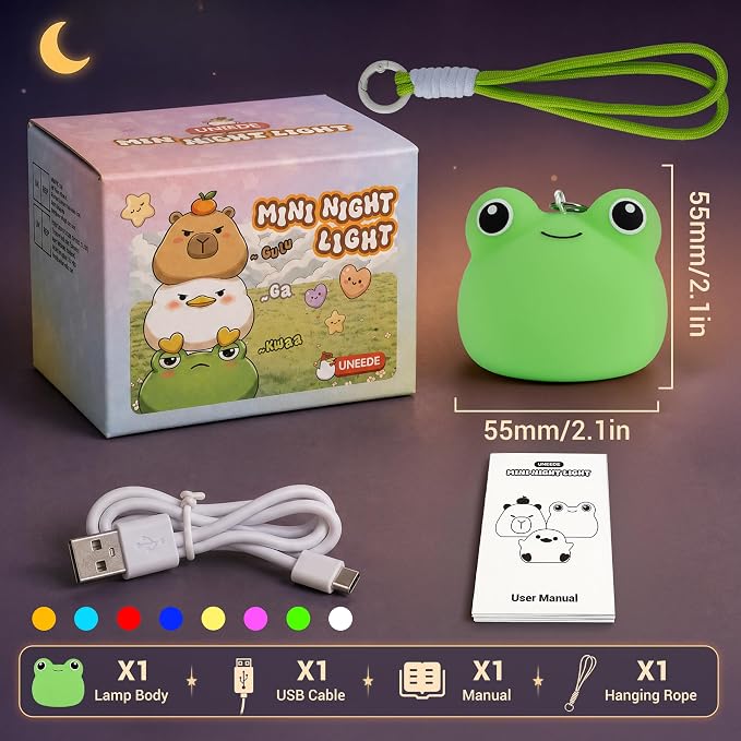 UNEEDE Mini Frog Night Light with Lanyard, 8 Color Changing Rechargeable | Portable Mini Kids Night Light , Soft Silicone Cute Lamp for Bedroom & Camping,Gifts