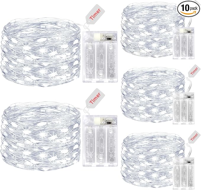 kolpop 10 Pack Fairy Lights Battery Operated with Timer, 50 LED 16FT Twinkle Lights Battery Powered, Cool White Mini String Light for Indoor Christmas Wedding Tree Decorations