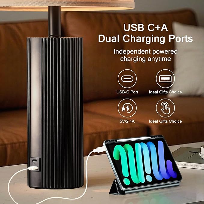 24.5" Black Lamps Set of 2, Modern Table Lamps for Living Room with USB C+A Ports, Creative Stripe Touch Lamps for Nightstand, 2 Bulbs Included
