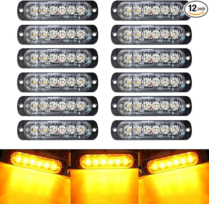 SEISSO 12-Pack 6 LED Sync Feature Amber Strobe Lights Vehicles Trucks Emergency Strobe Lights Kit 12V -24V Warning Hazard Flash Strobe Lights Bar Grill Grille Surface Mount Super Bright Waterproof