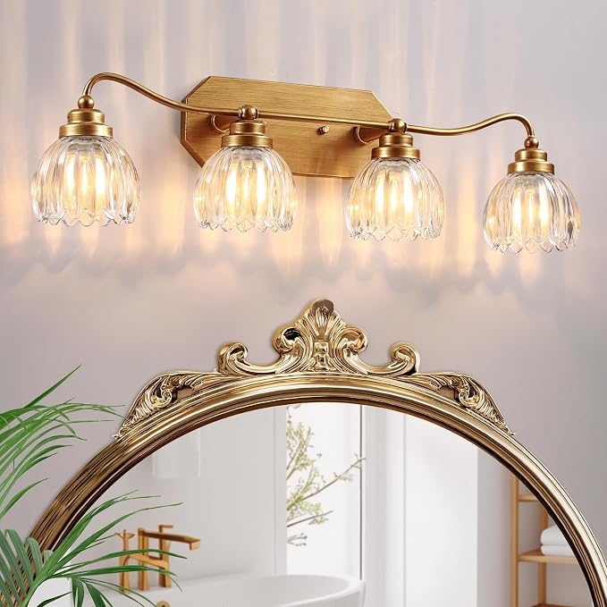4 Light Gold Vintage Vanity Lights, Antique Brass Finish | Clear Tulip Crystal Shades,Brushed Gold Bathroom Light Fixtures, Wall Sconce Ideal for Bedroom, Hallway, Easy to Install