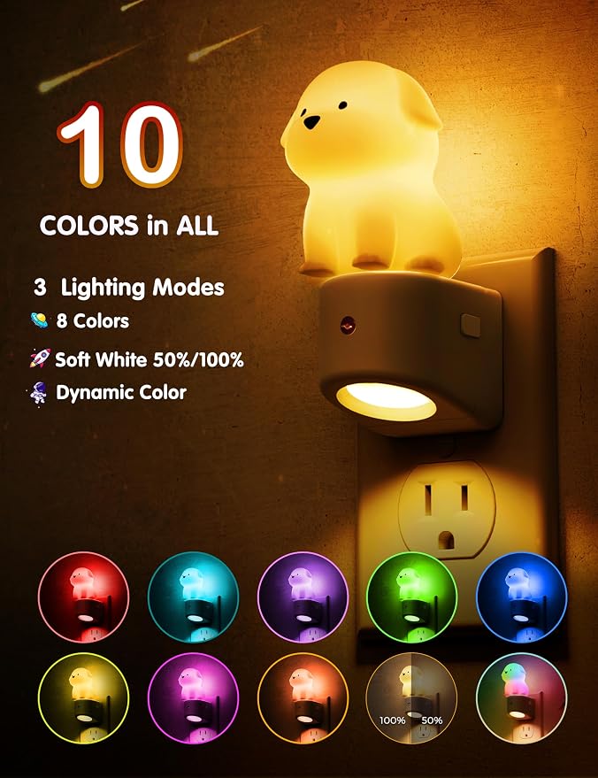 L LOHAS LED Plug in Night Light for Kids, 3D Cute Puppy Night Lights | Dusk to Dawn Sensor, RGB+Soft White 3000K Dog Night Light, Birthday Gift Nightlight for Kids, Room Decor