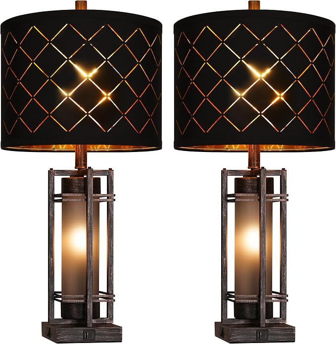 WIHTU 27'' Modern Table Lamp with Nightlight, Metal Bedside Lamps,Black ORB | Black Grid Shade, Square Base, LED Bulbs Included E26 Base, with USB Port, Rocker Switch, Desk Lamps for Living Room, Bedroom