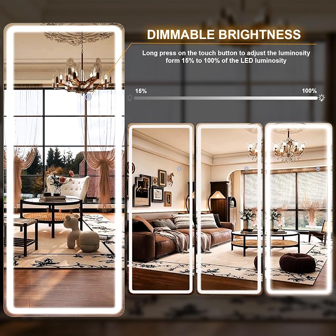 Easly 76"x 34" Full Length Mirror with Lights, LED Lighted Floor Standing, Hanging Full Length with Stand, Full Body Dressing Mirror with Dimmable 3 Color LED
