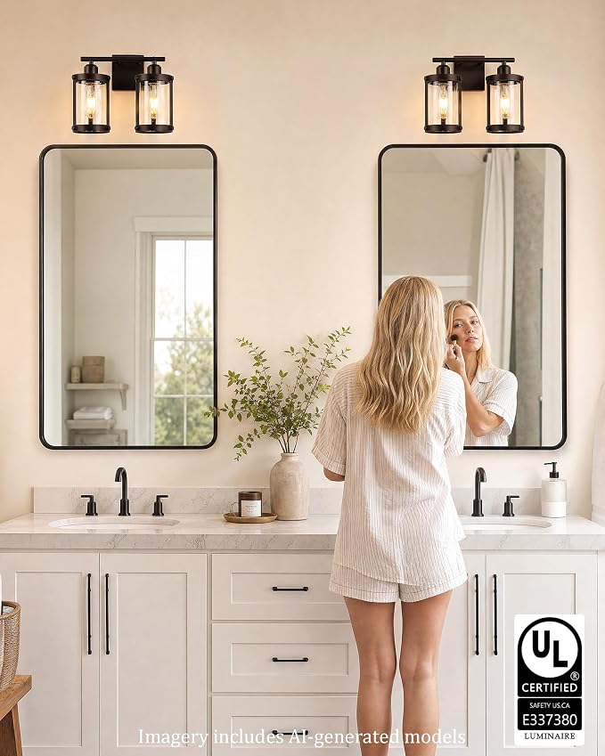 2-Light Oil Rubbed Bronze Bathroom Light Fixtures, 13.8 Inch Modern Bathroom Vanity Lighting Fixtures Over Mirror with Clear Glass and Metal Cage Wall Sconce Lights for Bath, OS-3014ORB-2W