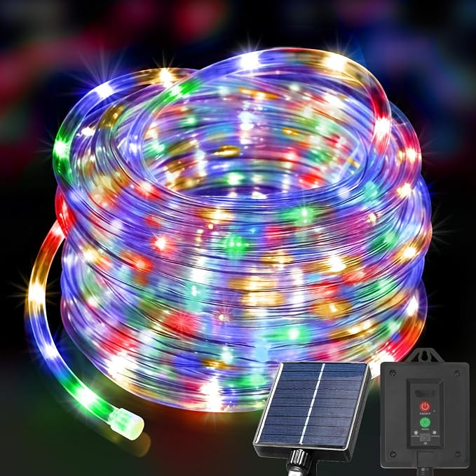 KNONEW Solar Rope Lights Outdoor 300LED 50FT Solar String Lights Outside Waterproof with Modes Clear Thin Tube for Pool Tree Patio Garden Fence Camping Yard Deck Trampoline（Multicolor）