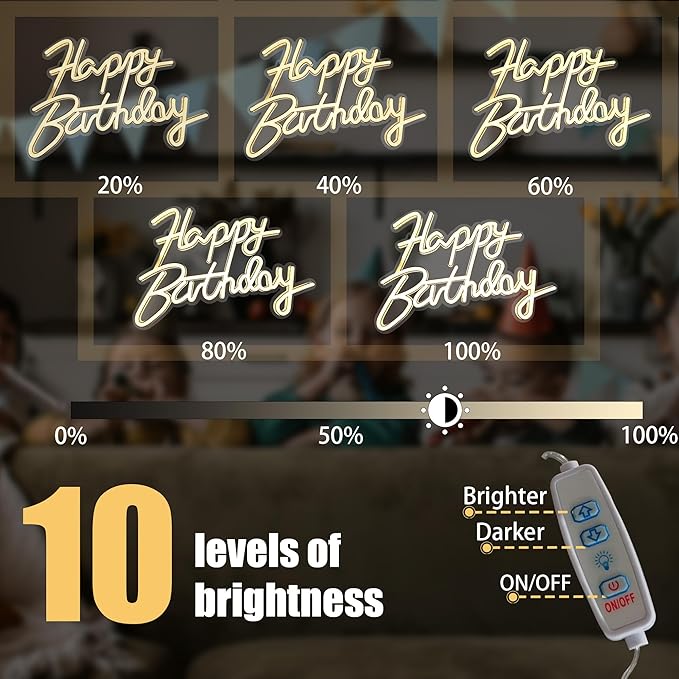 Happy Birthday Neon Signs,Adjustable LED Neon Light Sign Backdrop powered by USB,Light Up Colorful Bday Neon Lights for Backdrop All Birthday Party,Wall Decor,Gifts,Celebration Decoration(Warm White)