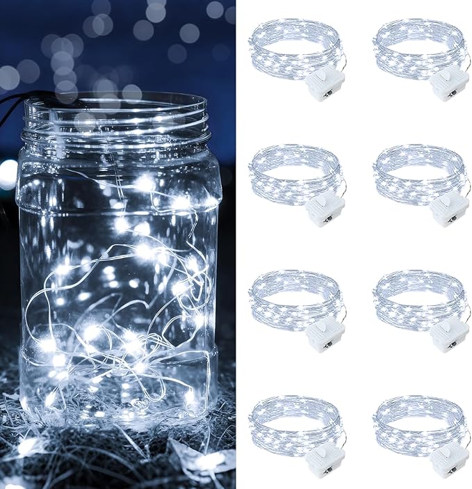 8 Pack White Fairy Lights Battery Operated, 7ft 20 LED Mini String Twinkle Lights for Christmas Halloween Easter Mason Jars Centerpiece Table Decorations (8, White)
