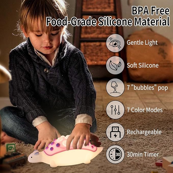Dinosaur Night Light,Silicone Dino Lamp with Pop Bubble,7 Nightlight Modes Rechargeable Bedside Touch Lamp, Room Decor,Cute Lamp Dinosaurs Gifts (Purple)