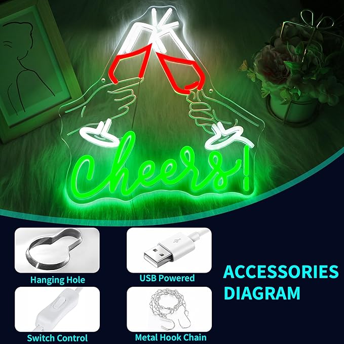 Cheers Neon Sign, JGHTURIE Neon Signs for Wall Decor Green Light up Sign Bar Club Signs for Man Cave Decor USB Powered