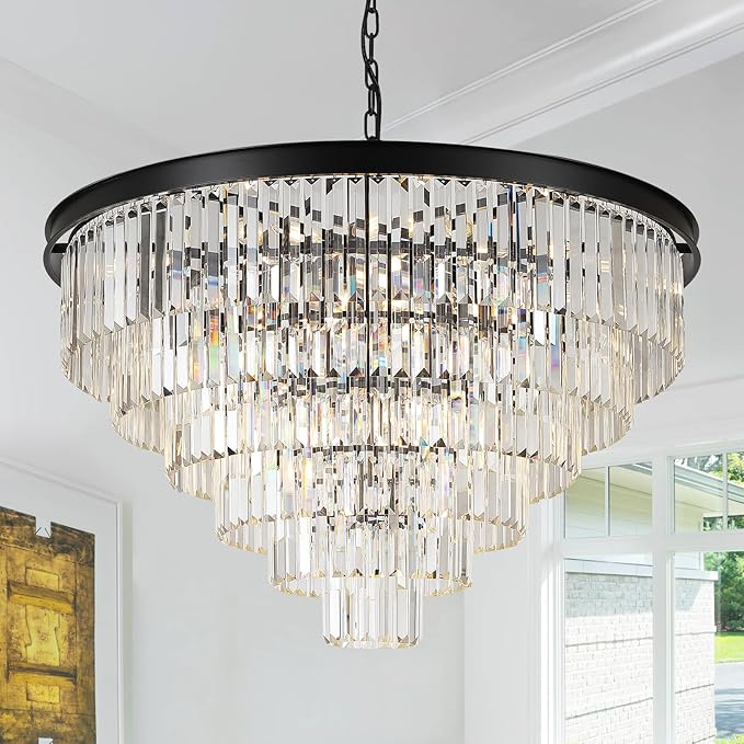 35'' Large Crystal Chandeliers 6-Tier Modern Black K9 Crystal Ceiling Pendant Light 22-Light Luxury Round Crystal Chandelier for High Ceiling Entryway Staircase Living Room Foyer