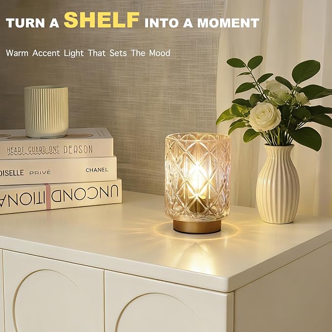 ULAROOM Battery Operated Lamp,Cordless Glass Accent Lamp with Timer,Clear | Small Glass Accent Lamp with Timer for Bedside,Warm White Cozy Ambient Decorative Table Lamp for Shelf/Dorm/Tabletop/Entryway
