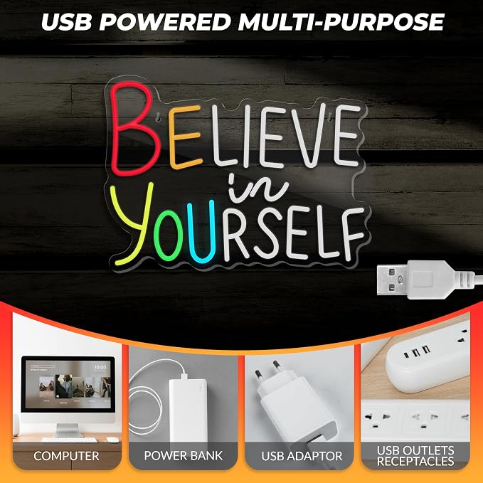 Believe in Yourself Neon Sign for Wall Decor Dimmable Inspiring Quote Neon Sign for Classroom Bar Club Bedroom Hotel Pub Cafe Wedding Office Decoration Birthday Party Gifts USB Powered