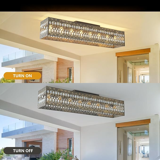 Garwarm 48 Inch Crystal Chandelier, 8-Light Rectangular Ceiling Light | Vintage Antique Copper Gold Flush Mount Dining Room Fixture for Long Tables, Kitchen Islands, Living Rooms and Large Spaces