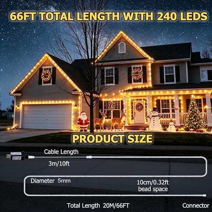 (New) 66FT 240 LED Rope Lights, Outdoor String Lights with 8 Lighting Modes, End-to-end Connectable Waterproof Clear PVC Tube Lights for Yard, Garden, Patio, Party, Indoor Outdoor Decor (Warm White)