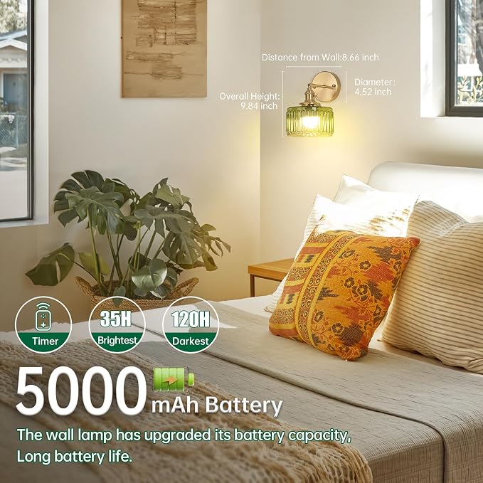 Shenmoyl Vintage Battery Operated Wall Sconce with Green Striped Glass Lampshade 5000 mAh Rechargeable Battery Powered Wall Light with Remote Control for Bedside Bedroom Doorway, Set of 2