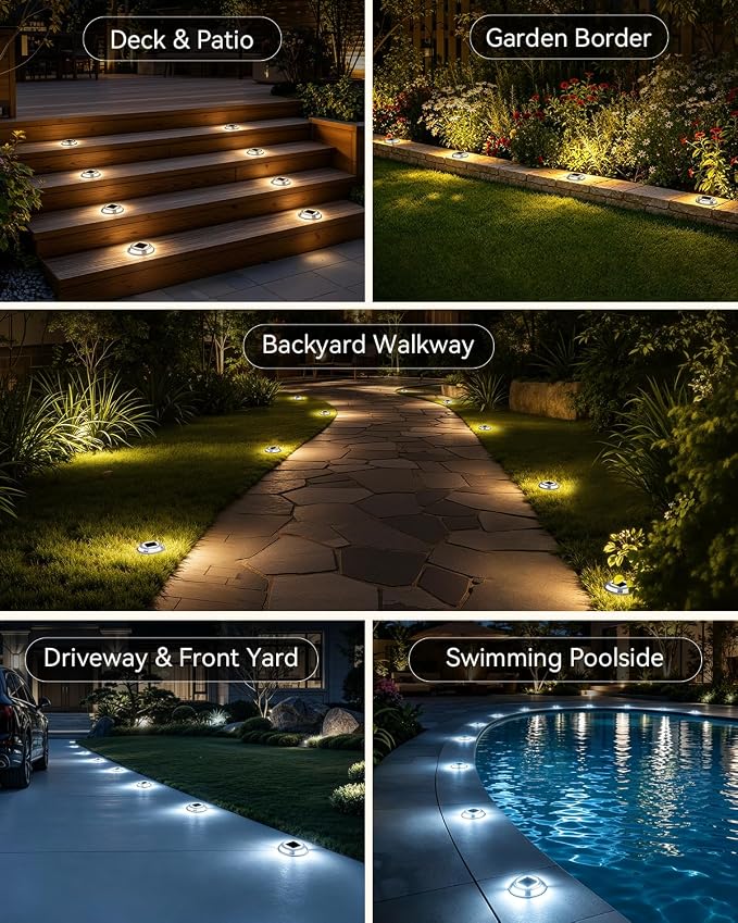Solar Driveway Lights, 2 Pack Heavy Duty Driveway Lights Solar Powered 2 Color Mode (Cool/Warm White) IP68 Waterproof Outdoor Solar Deck Lights with Ground Stake for Pathway Garden Yard Walkway Dock