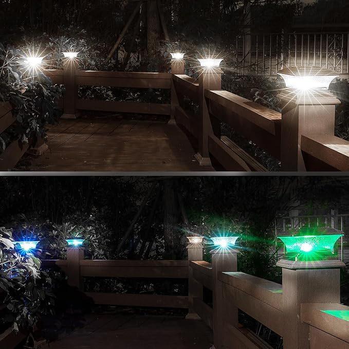 HUYIENO Solar Post Cap Lights Outdoor LED Lighting Deck Fence Cap Light 9 Light Modes Bright White/7 Color Fixed Modes/7 Color Cycling Mode Suitable for 4x4 5x5 Wooden Posts Brushed Copper 2pk