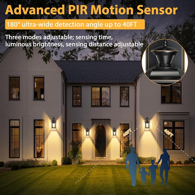 Porch Lights with GFCI Outlet, Motion Sensor Wall Light, Dusk to Dawn Exterior Light Fixture for House, Waterproof Outside Anti-Rust Wall Mount Lantern for Front Door Patio Garage, Black