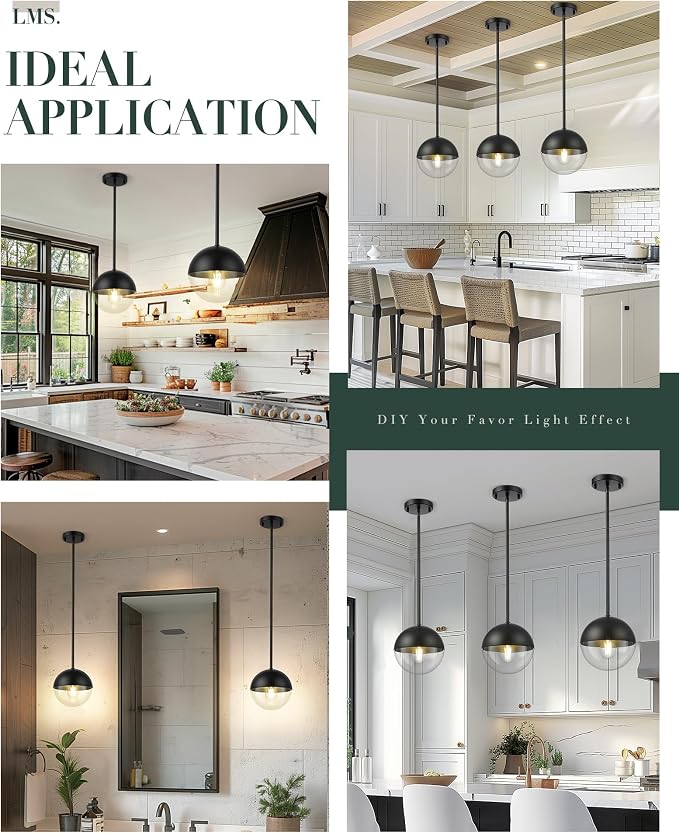 Modern Pendant Lights, Matte Black Kitchen Island Pendant Light Fixtures, Adjustable Hanging Rod Ceiling Light for Dining Room Bathroom Bedroom, LMS-186BKC