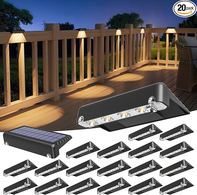 VOLISUN Solar Deck Lights 20 Pack, Warm White Glow LED Large Size Lamp, IP65 Waterproof Step Lights Outdoor for Deck, Step, Fence, Railing, Wall and Stairs (Black)