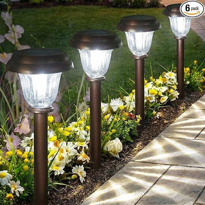 DERAYSION Solar Lights Outdoor, 6 Pack Brushed Stainless Steel Glass Solar Pathway Lights, Auto On/Off Long-Lasting Outdoor Solar Lights for Garden, Landscape, Path, Yard, 6000K Cold White | Stainless Steel Waterproof Garden Lights Auto On/Off Long-Las...