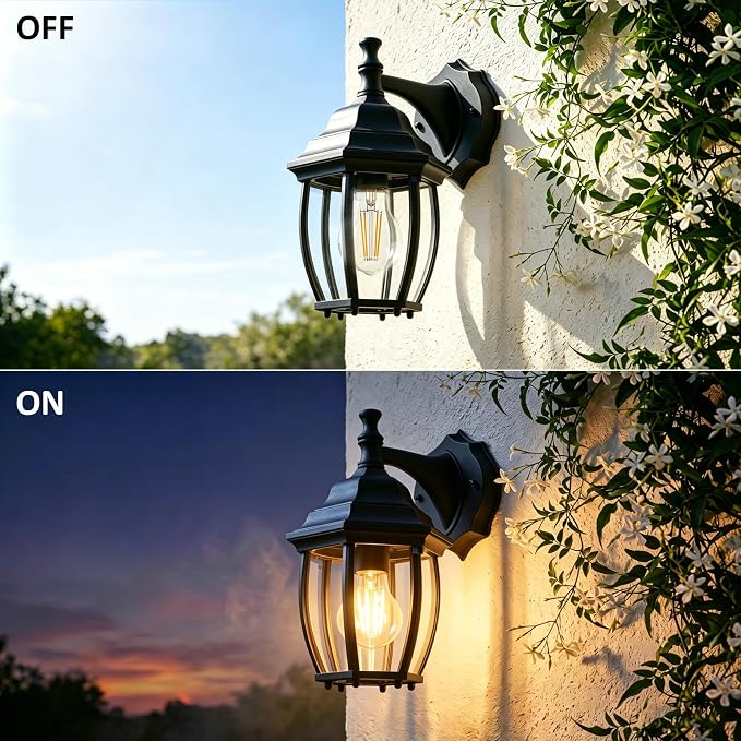 Outdoor Wall Light Fixture, Rustproof Aluminum, Glass | Large Exterior Porch Light Wall Sconce Lantern for House, Patio, Garage, Waterproof, E26 Socket 60W Max, Black