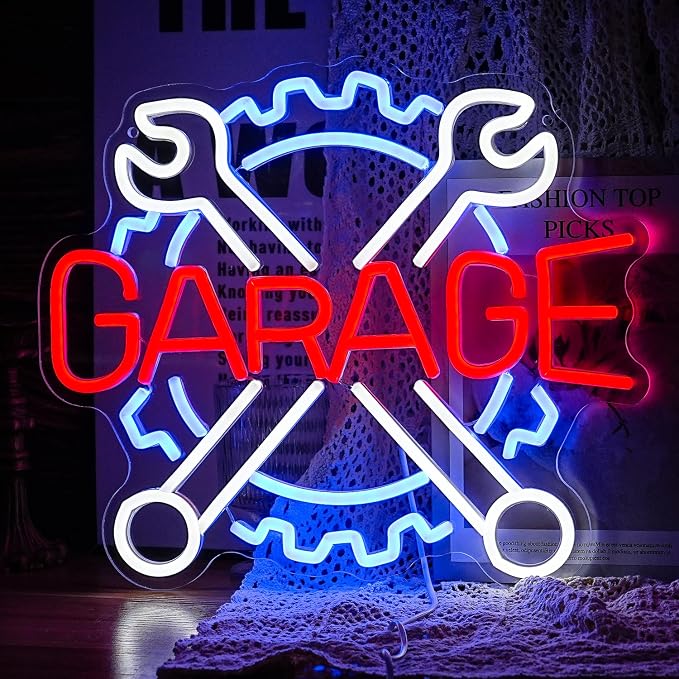 Garage Neon Sign Gear Wrench LED Light Up Sign for Wall Decor USB Check Engine Neon Light for Car Repair Shop Man Cave Gift for Dad Boys(12.6 * 14.5 In)