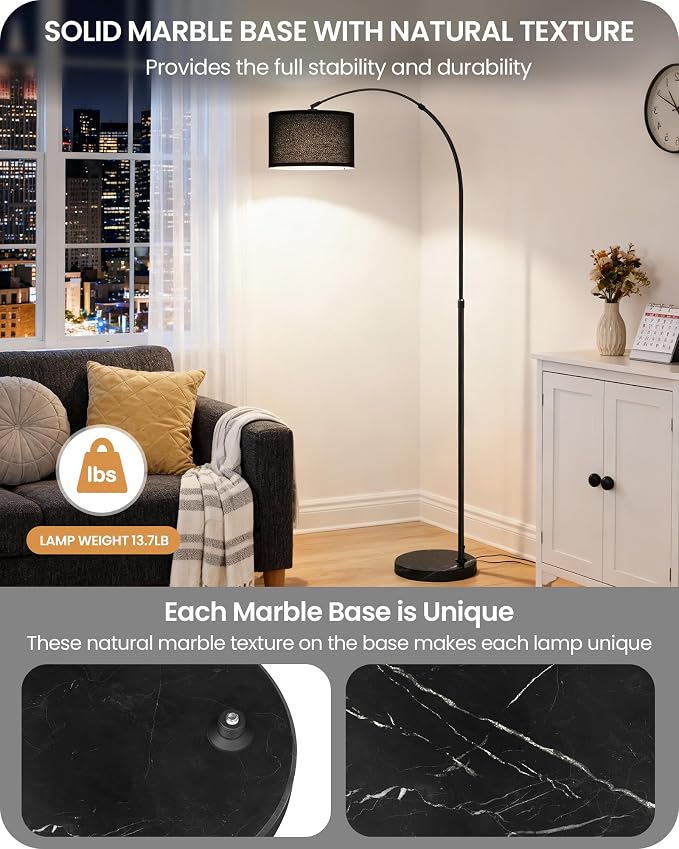 75" Arc Floor Lamp with Marble Base and Adjustable Height, Rotating Hanging Shade, Dimmable Floor Lamp for Living Room with Remote and Foot Switch, 3 Color Temperature, Black B15LD05