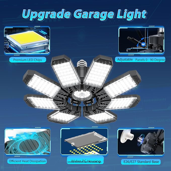 ISKYDRAW LED Garage Lights 4 Pack, 260W 26000LM Bright Shop Light | 8+1 Deformable Panels,6500K Daylight,Screw in E26/E27 Bulb Socket,Garage Lighting for Workshop Basement Barn Attic