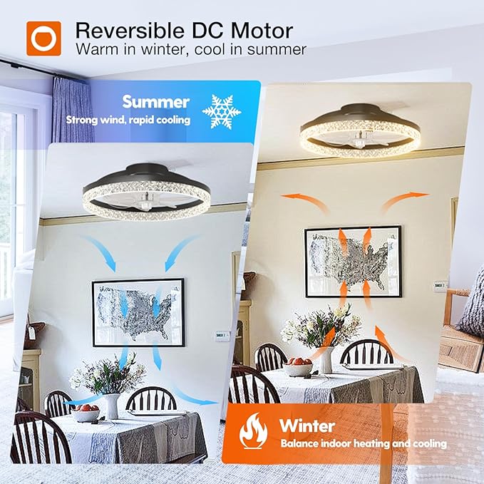 addlon Ceiling Fans with Lights and Remote, 18'' Low Profile Ceiling Fans, 3000-6000K Dimmable Modern Flush Mount LED Fan Light, Fandelier Ceiling Fan for Bedroom, Kitchen, Living Room, Black