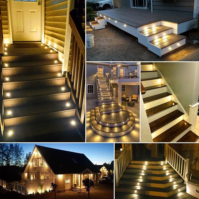 LED Deck Light Kits Warm White, Φ1.22 Recessed Step Light 12 Pack with Black Protective Shell, DC12V Low Voltage LED Deck Lighting, IP67 Waterproof Outdoor Stair Lights for Garden
