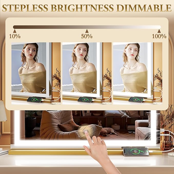 ROLOVE Vanity Mirror with Lights, 32" x 22" Large Lighted Vanity Mirror with Dimmable 3 Modes, LED Makeup Mirror, 10X Magnification, USB Charging Port, Tabletop or Wall-Mounted Square Gold