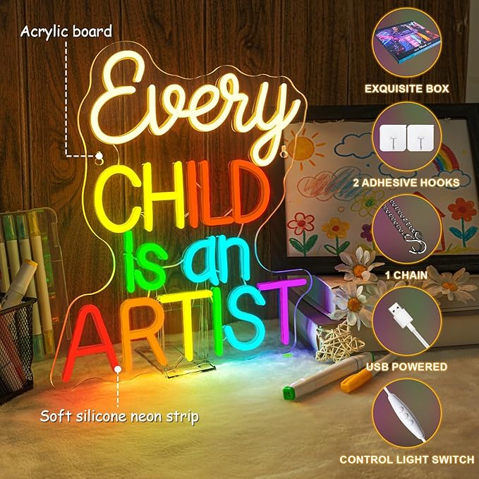 Classroom Lights Sign Every Child is an Artist Neon Sign Dimmable LED Lights Up Library Reading Neon Signs for Wall Decor in Art Classroom Reading Corner LED Books Decor Gifts for Teachers